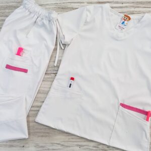 Promoción Uniforme Blanco Cuello V Redondeado California Licra Lafayette Vivo Fucsia