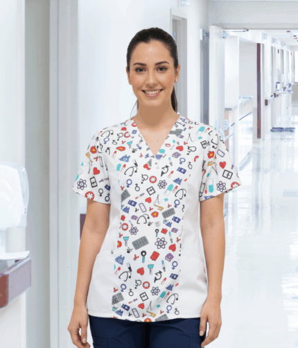 Blusa Blanco Cuello V Antifluido Estampado Laboratorio. TALLA s