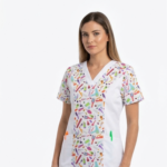 Blusa M Blanco Cuello V Antifluido Estampado Belleza-Peluquería.