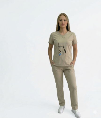 Uniforme Médico Beige con Bordado de Perrito – Cómodo y Divertido