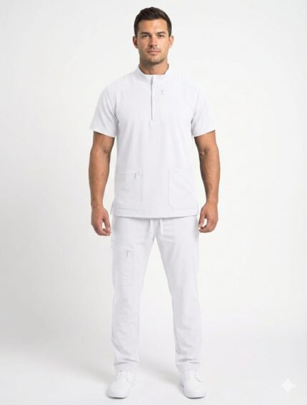 Hombre posando con un uniforme médico de dos piezas en color blanco, que incluye una filipina de manga corta con cuello tipo Mao y botones, y un pantalón de corte recto con múltiples bolsillos funcionales.