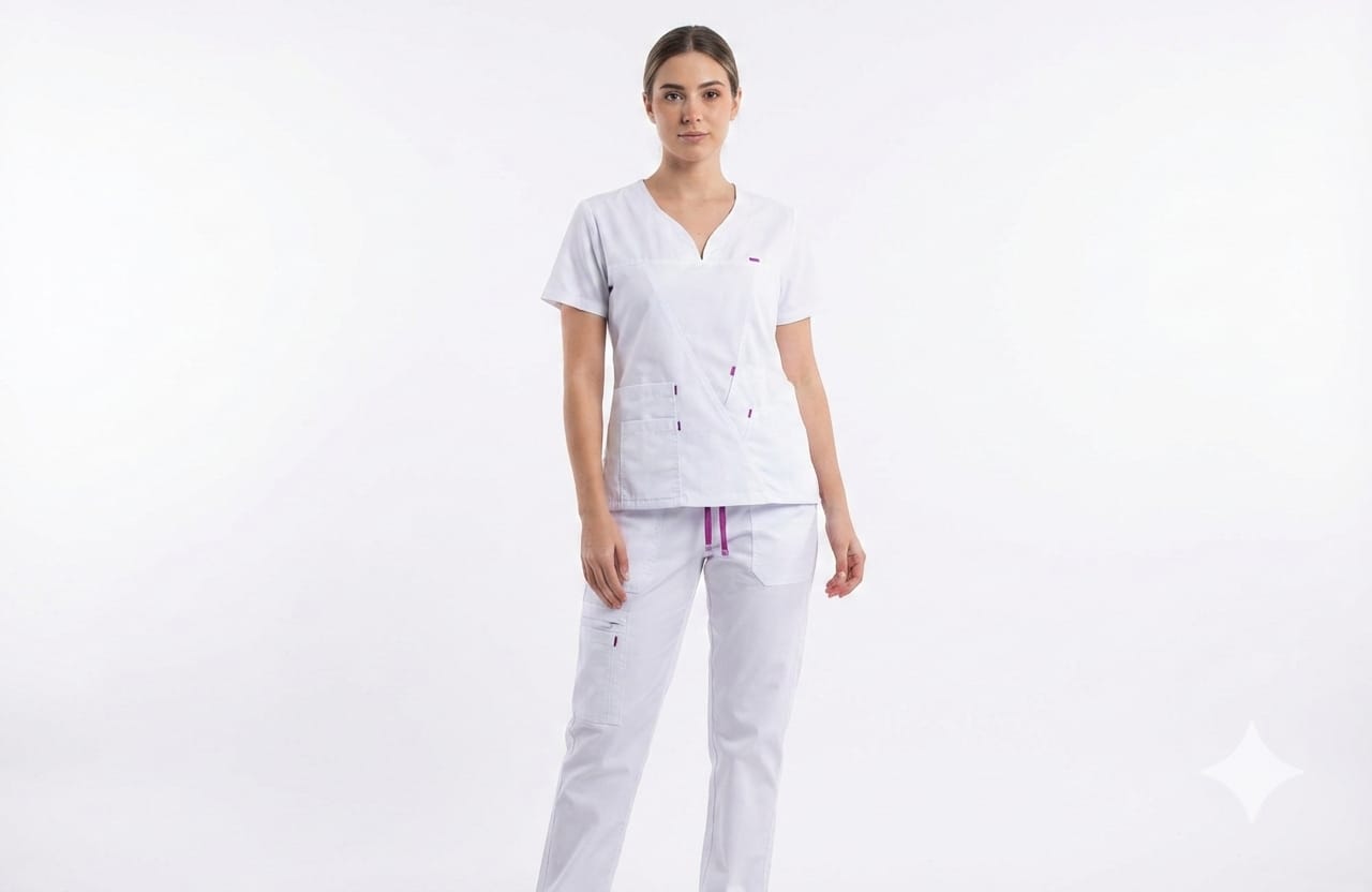 Modelo profesional vistiendo un conjunto de scrub médico color blanco con detalles decorativos en fucsia, incluyendo cordón ajustable y ribetes en bolsillos, posando sobre fondo blanco.