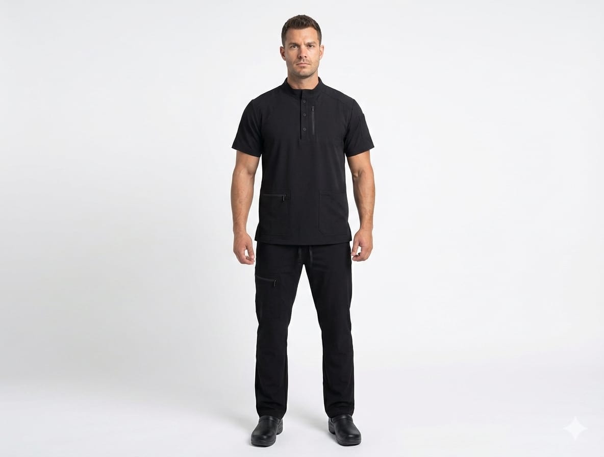 Uniforme Negro Cuello Militar Antifluido Importado Licrado (2) Hombre de pie posando con un uniforme médico negro de dos piezas que incluye una filipina de manga corta con cuello tipo Mao y pantalones rectos a juego.