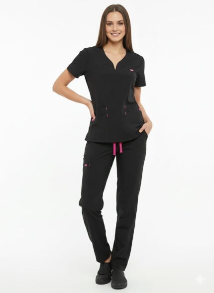 Mujer posando con un uniforme médico de dos piezas en color negro: filipina de cuello en V con detalles fucsia y pantalón tipo cargo con cordón ajustable.