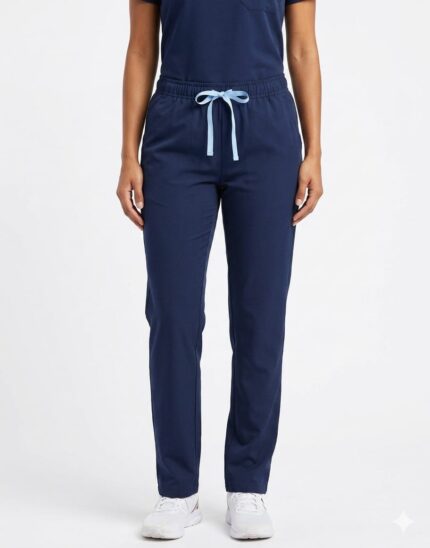 Fundamental para accesibilidad y SEO. Modelo real vistiendo pantalón médico azul marino con pretina elástica y cordón rosa, de corte recto sobre fondo blanco.