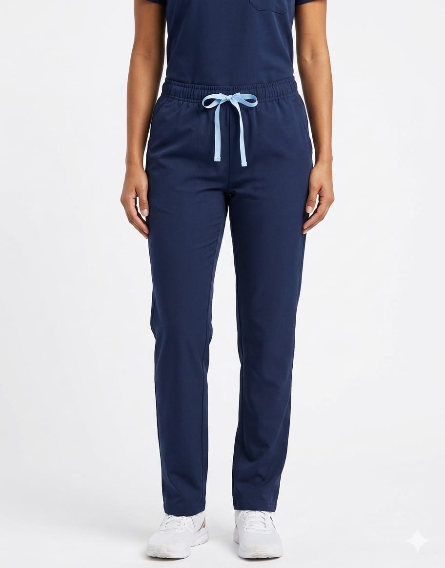 Fundamental para accesibilidad y SEO. Modelo real vistiendo pantalón médico azul marino con pretina elástica y cordón rosa, de corte recto sobre fondo blanco.