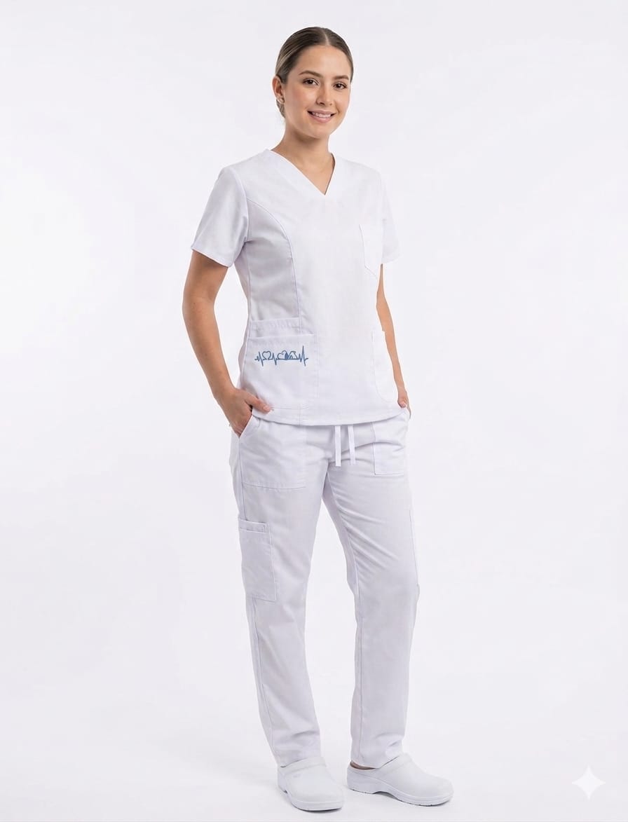 Uniforme Blanco Cuello V Corto Bolsillo Bordado Snnopy azul Micro-dril Lafayette