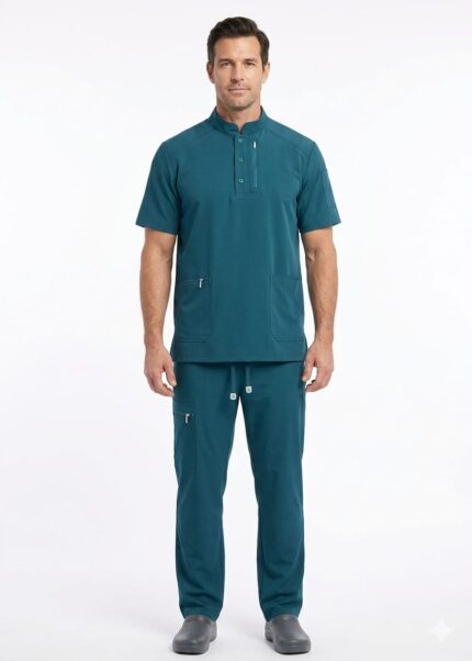 Uniforme médico para hombre color verde petróleo en tela antifluido, diseño de cuello mandarín con botones y bolsillos funcionales.
