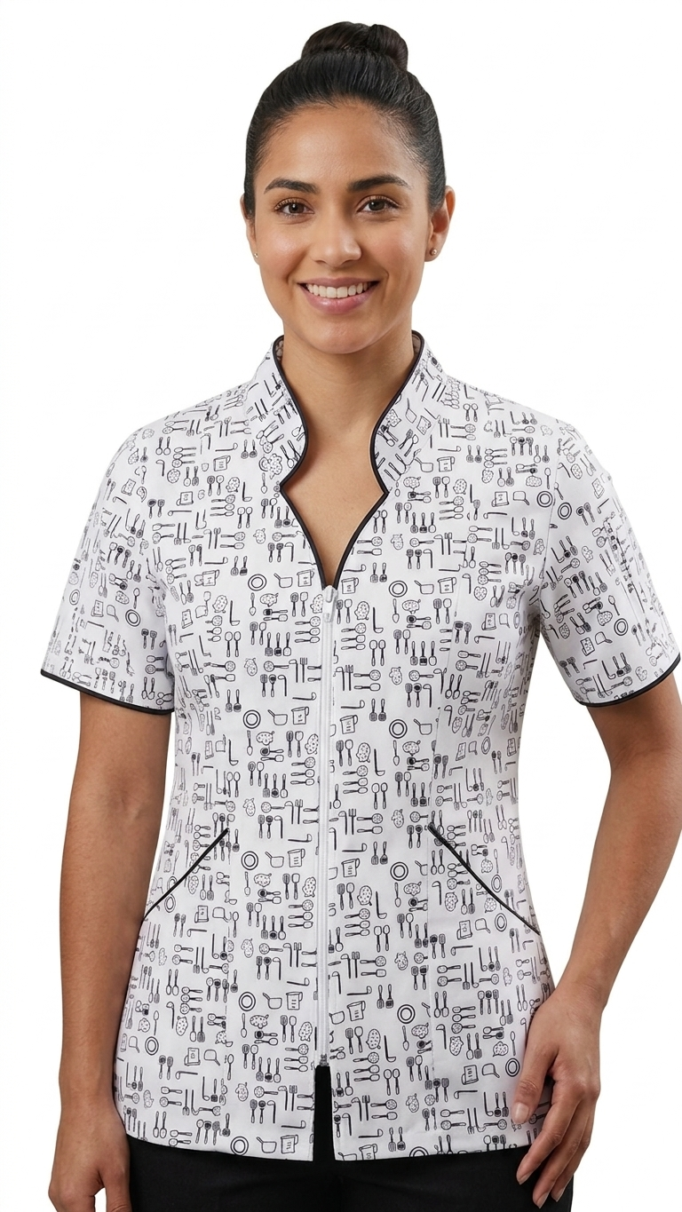 Blusa Cremallera Blanca Antifluido Estampado Cocina
