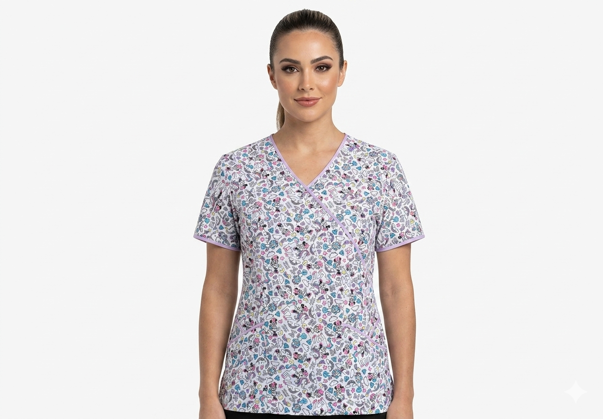 Blusa Cuello Cruzado Blanca Antifluido Estampado Minnie Unicornios