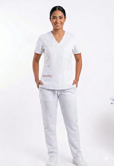 Uniforme Blanco Cuello V Corto Bolsillo Bordado Snoopy Rosado Micro-dril Lafayette