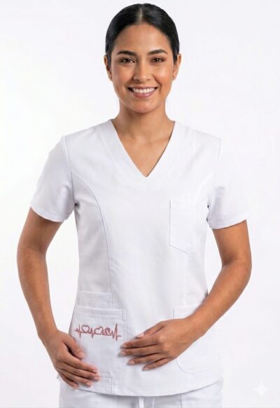 Uniforme Blanco Cuello V Corto Bolsillo Bordado Snoopy Rosado Micro-dril Lafayette - Imagen 2