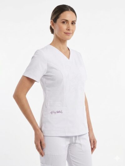 Uniforme Blanco Cuello V Corto Bordado Droopy/Bolsillo Snoopy Lila Cosmos Lafayette - Imagen 2
