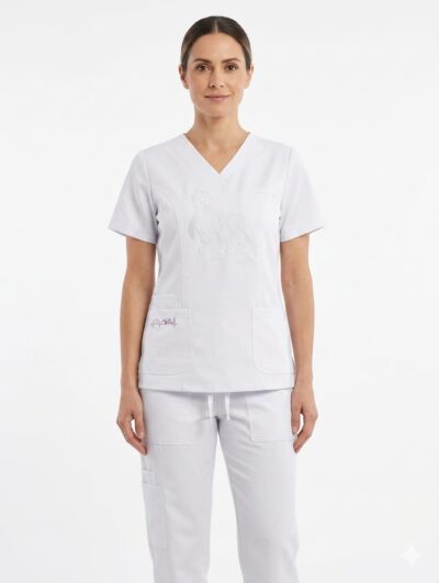 Uniforme Blanco Cuello V Corto Bordado Droopy/Bolsillo Snoopy Lila Cosmos Lafayette