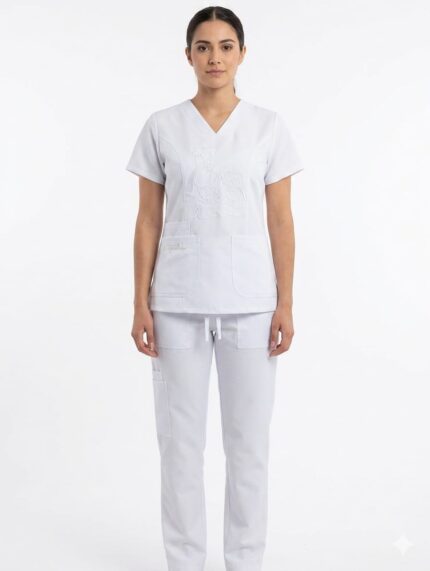 Uniforme Blanco Cuello V Corto Bordado Droopy/Bolsillo Snoopy Piel Rosado Cosmos Lafayette