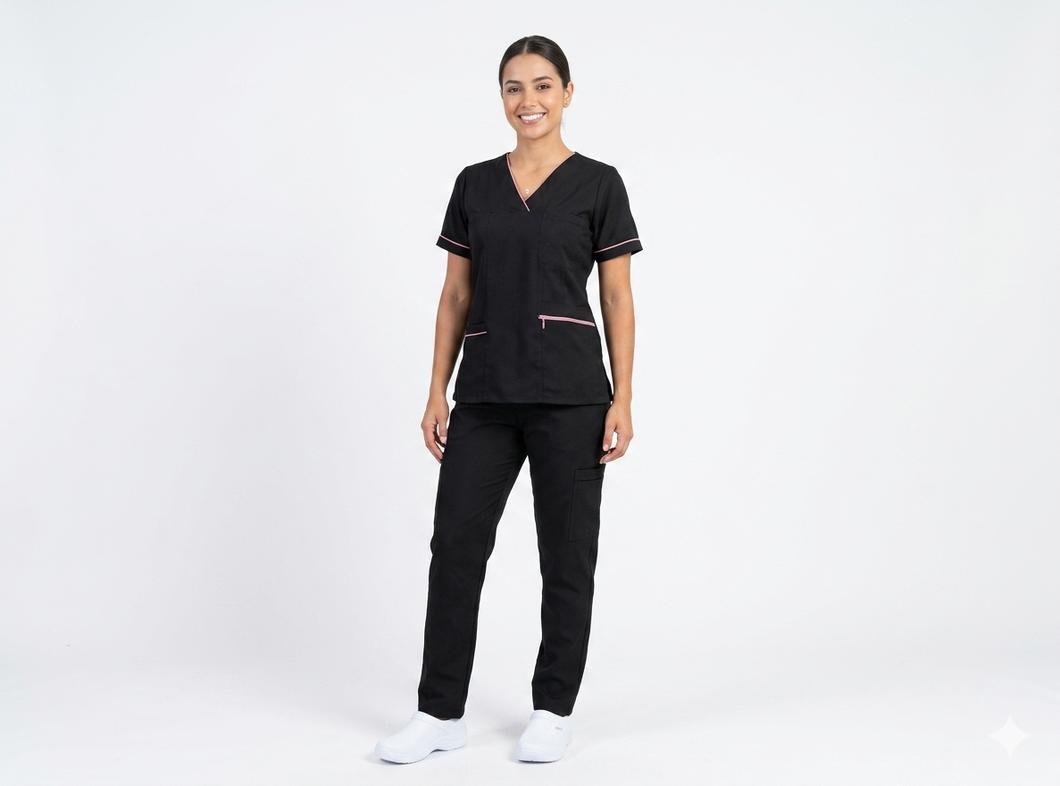 Uniforme Cuello Cruzado Corto Negro Vivo Rosado Antifluido Importado