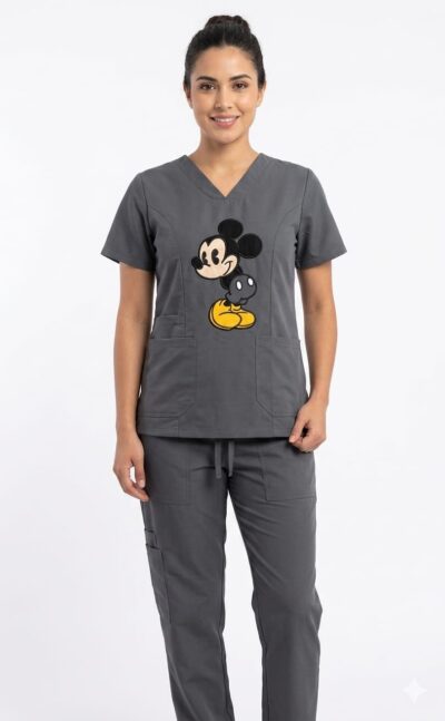 Uniforme Gris Oscuro Cuello V Corto Bordado Mickey Cloro resistente Lafayette
