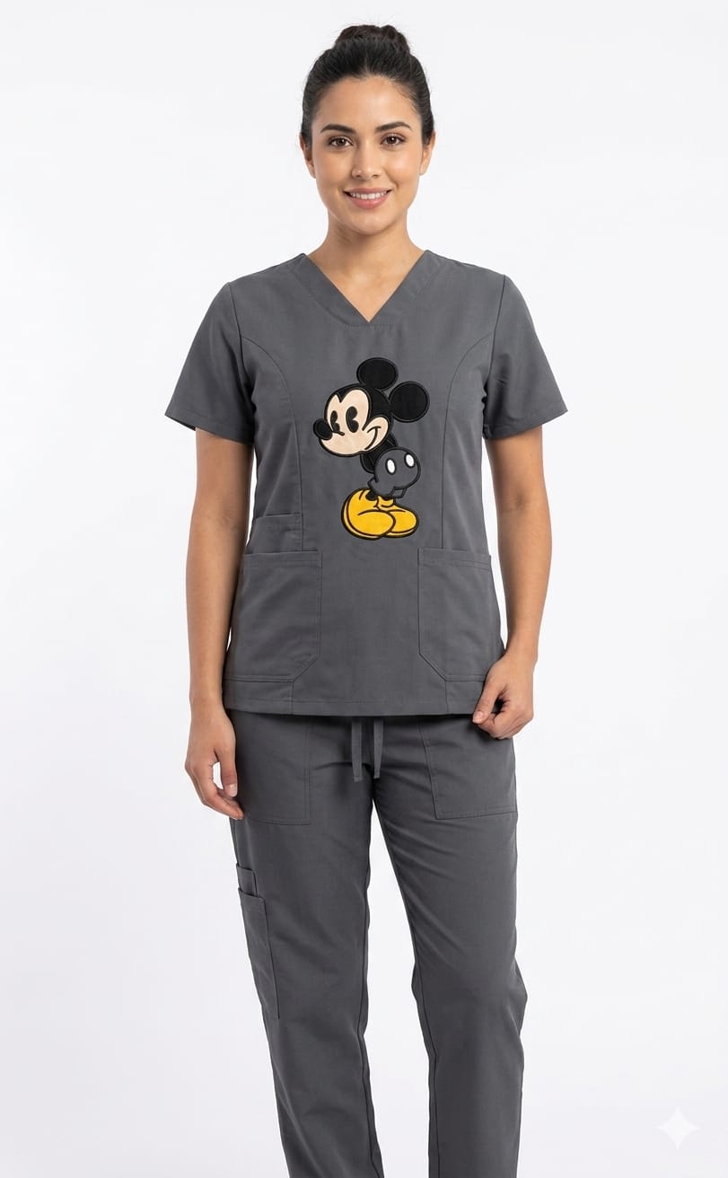Uniforme Gris Oscuro Cuello V Corto Bordado Mickey Cloro resistente Lafayette Talla XS y S