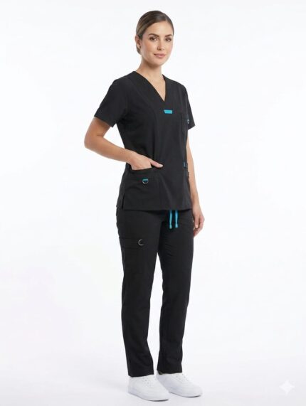 Uniforme Negro Cuello V Vivo Azul Antifluido Importado