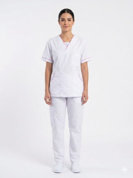 Uniforme Blanco Cuello V Embone Lila Antifluido Importado