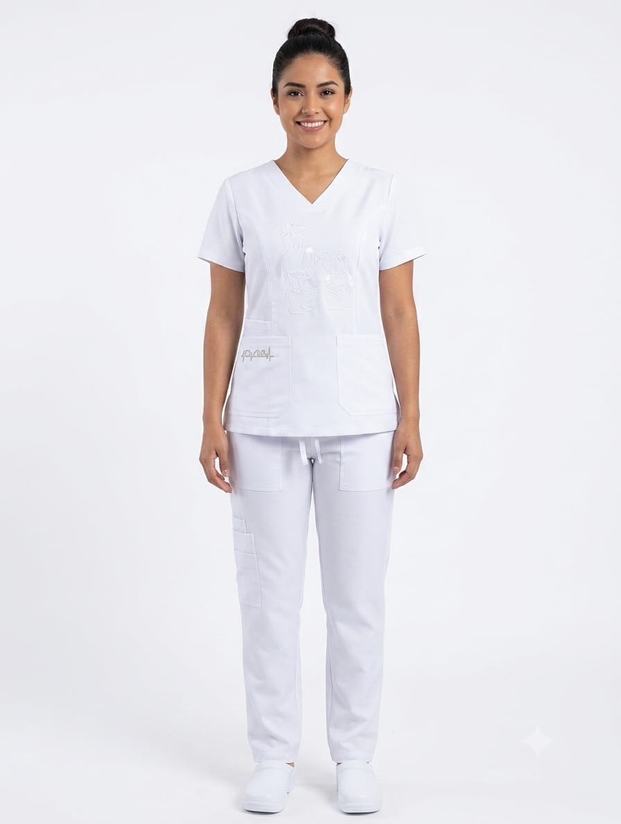 Uniforme Blanco Cuello V Corto Bordado Droopy/Bolsillo Snoopy Piel Rosado Cosmos Lafayette - Imagen 1