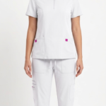 Uniforme Blanco Vivo Fucsia Cuello Redondo Cremallera Corta Microdril Lafayette