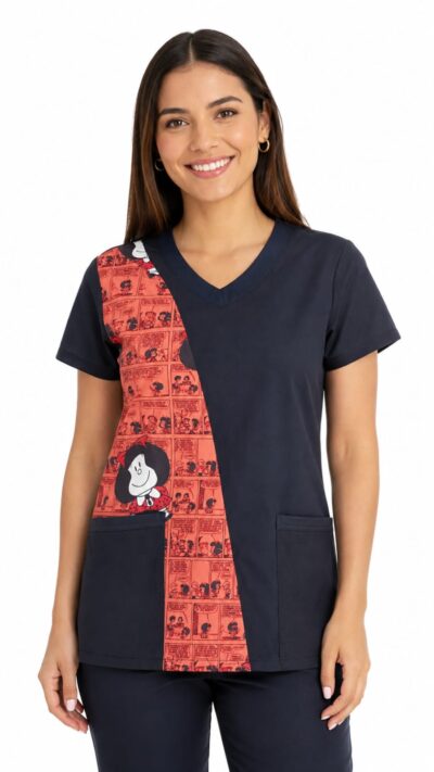 Blusa Cuello V Negra Sublimada Mafalda Universal Lycra Lafayette - Imagen 3