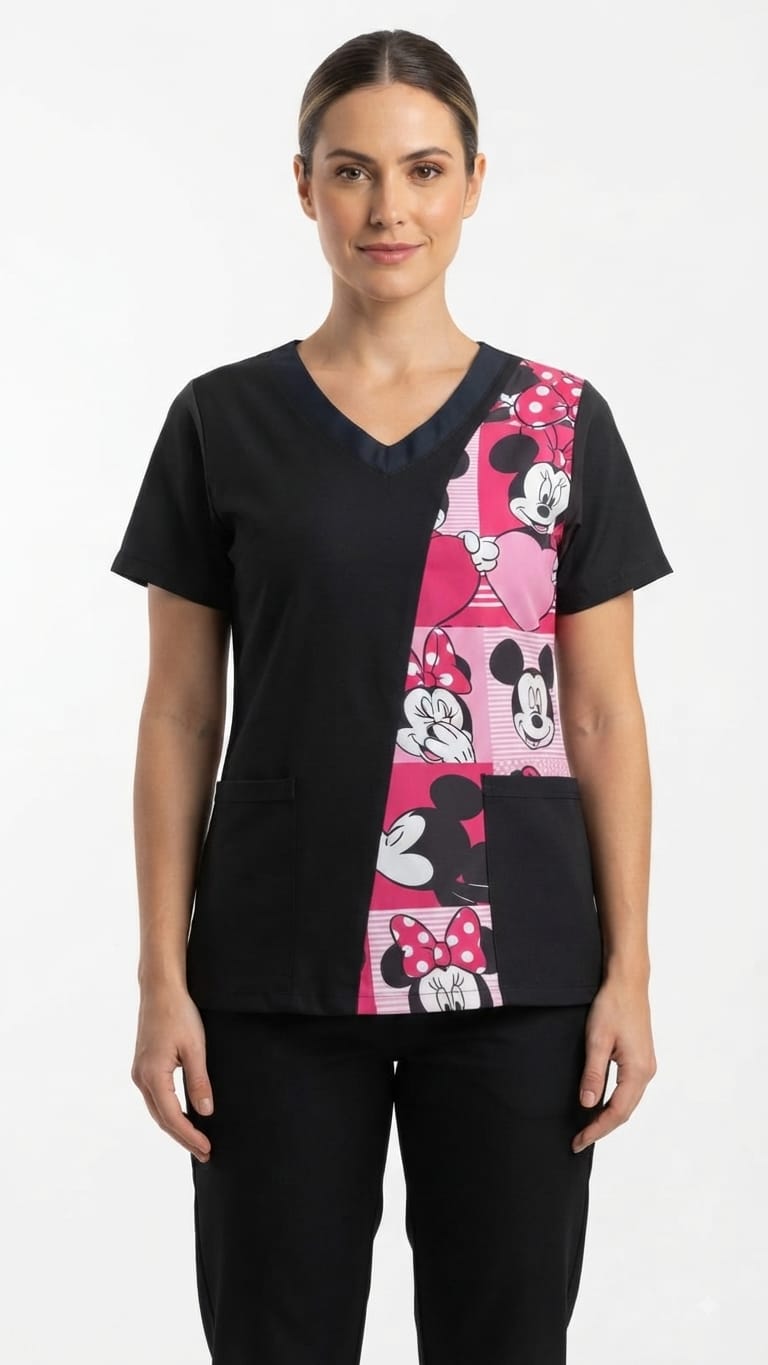 Blusa Cuello V Negra Sublimada Minnie-Mickey Fucsia Universal Lycra Lafayette (1) Blusa Cuello V Negra Sublimada Minnie-Mickey Fucsia Universal Lycra Lafayette - Imagen 1