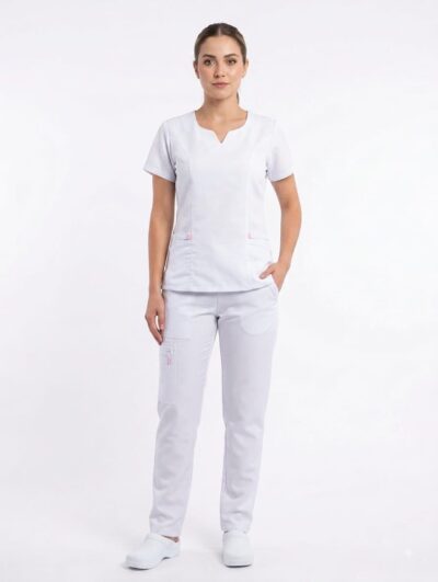 Uniforme Blanco Cuello V Redondeado Vivo Rosado Antifluido Cosmos Lafayette - Imagen 2