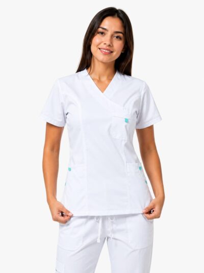 Uniforme Blanco Cuello Cruzado Vivo Verde Menta Microdril Lafayette - Imagen 3