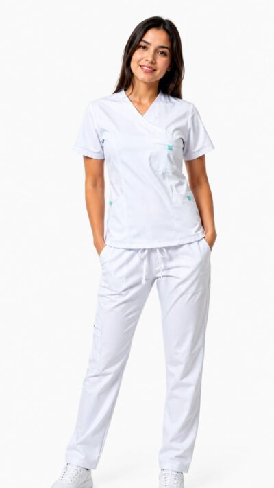 Uniforme Blanco Cuello Cruzado Vivo Verde Menta Microdril Lafayette