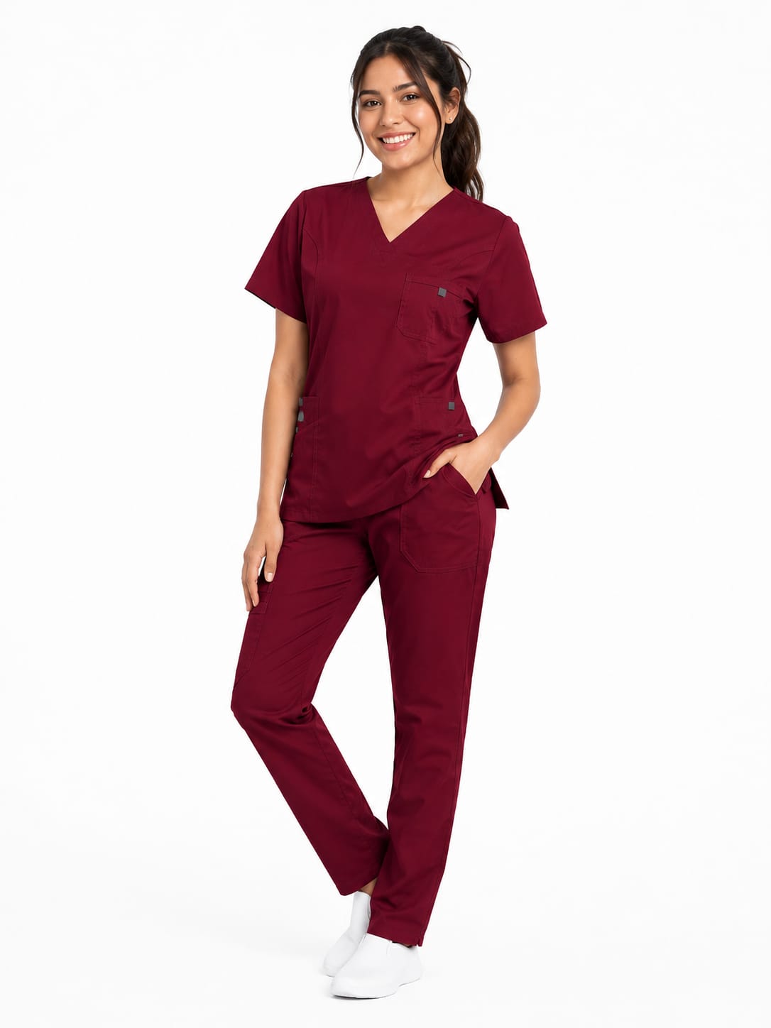 WhatsApp Image 2026-08-26 at 4.46.38 PM Uniforme vinotinto Cuello Cruzado Vivo Gris Oscuro Universal Lafayette - Imagen 1