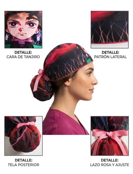 Gorro Antifluido Negro-Fucsia Moño Tanjiro