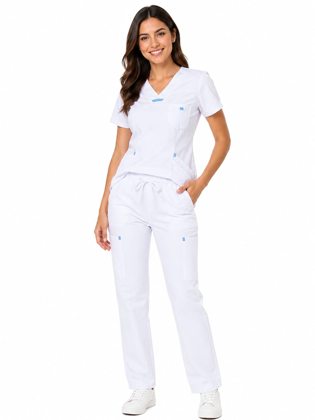 Uniforme Blanco Cuello V Vivo Azul Cielo Microdril Lafayette - Imagen 1