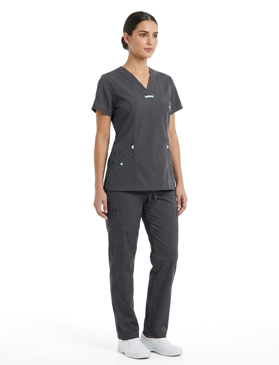 WhatsApp Image 2026-09-06 at 6.25.38 PM Uniforme Gris Intermedio Cuello V Vivo Verde Menta Lotus Lycra Lafayette - Imagen 1