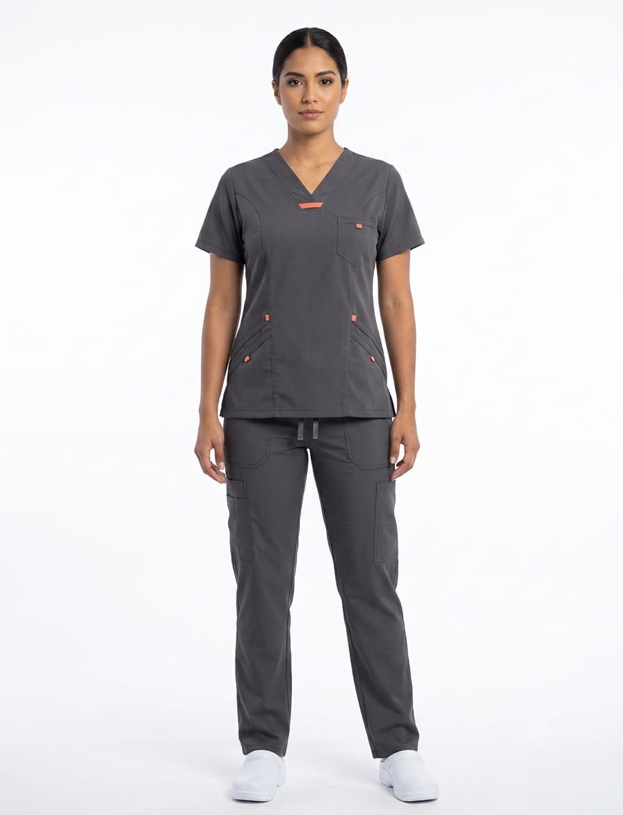 WhatsApp Image 2026-09-07 at 11.04.57 AM Uniforme Gris Intermedio Cuello V Vivo Salmon Lotus Lycra Lafayette - Imagen 1