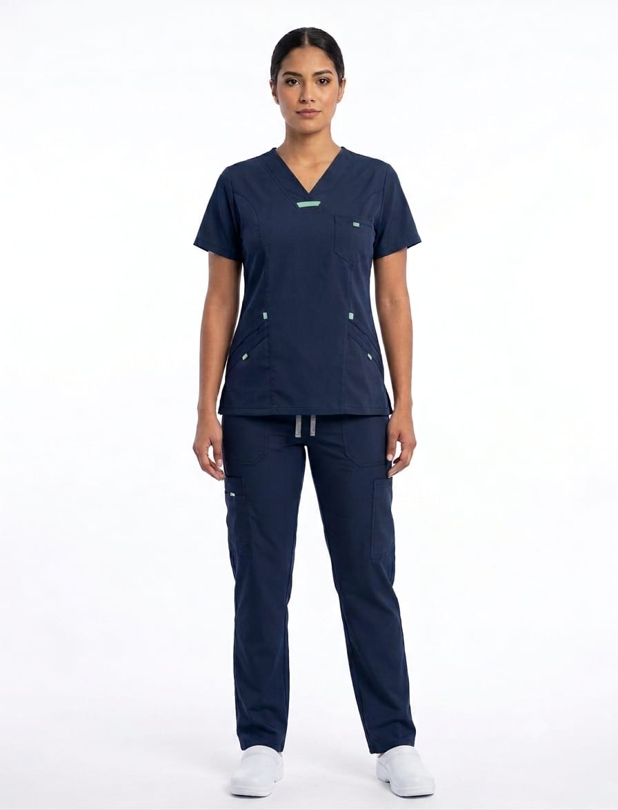 WhatsApp Image 2026-09-07 at 11.11.05 AM Uniforme Azul Dia Cuello V Vivo Verde Menta Lotus Lycra Lafayette - Imagen 1