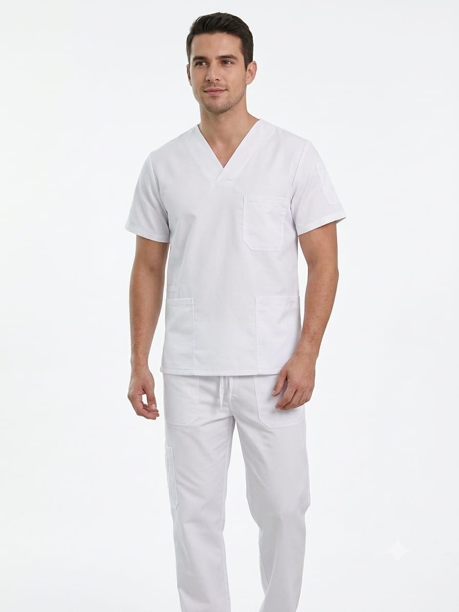 WhatsApp Image 2026-09-25 at 4.29.18 PM Uniforme Blanco Cuello V Antifluido Cosmos De Lafayette - Imagen 1